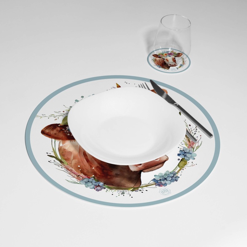 Kit 6 sottopiatti e 6 sottobicchieri "Mucca e Fiori", Collezione Kit sottopiatti con sottobicchieri - Le Tavole di Luisa