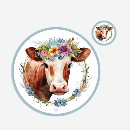 Kit 6 sottopiatti e 6 sottobicchieri "Mucca e Fiori", Collezione Kit sottopiatti con sottobicchieri - Le Tavole di Luisa