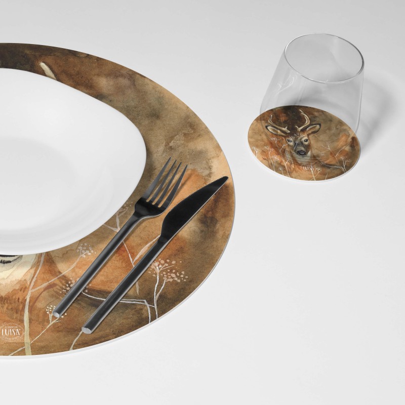 Kit 6 sottopiatti e 6 sottobicchieri “Ritratto di Cervo”, Collezione Kit sottopiatti con sottobicchieri - Le Tavole di Luisa