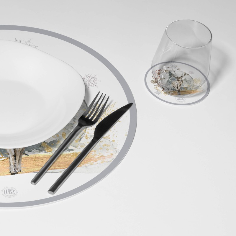 Kit 6 sottopiatti e 6 sottobicchieri "Cervo in inverno", Collezione Kit sottopiatti con sottobicchieri - Le Tavole di Luisa