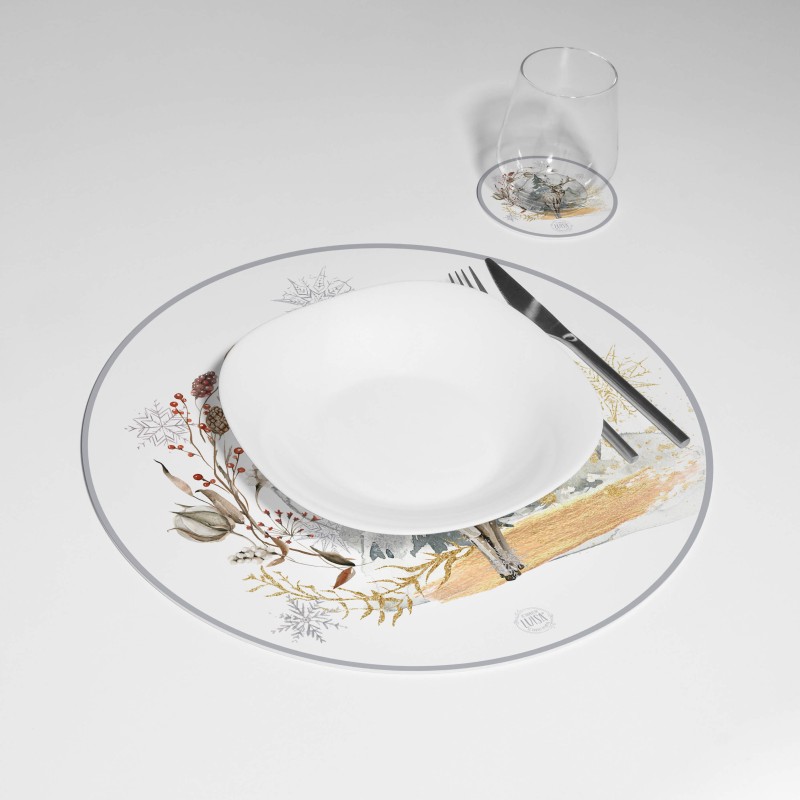 Kit 6 sottopiatti e 6 sottobicchieri "Cervo in inverno", Collezione Kit sottopiatti con sottobicchieri - Le Tavole di Luisa