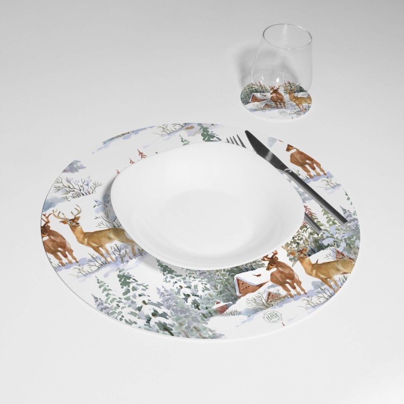Kit 6 sottopiatti e 6 sottobicchieri “Acquerello Renne”, Collezione Kit sottopiatti con sottobicchieri - Le Tavole di Luisa