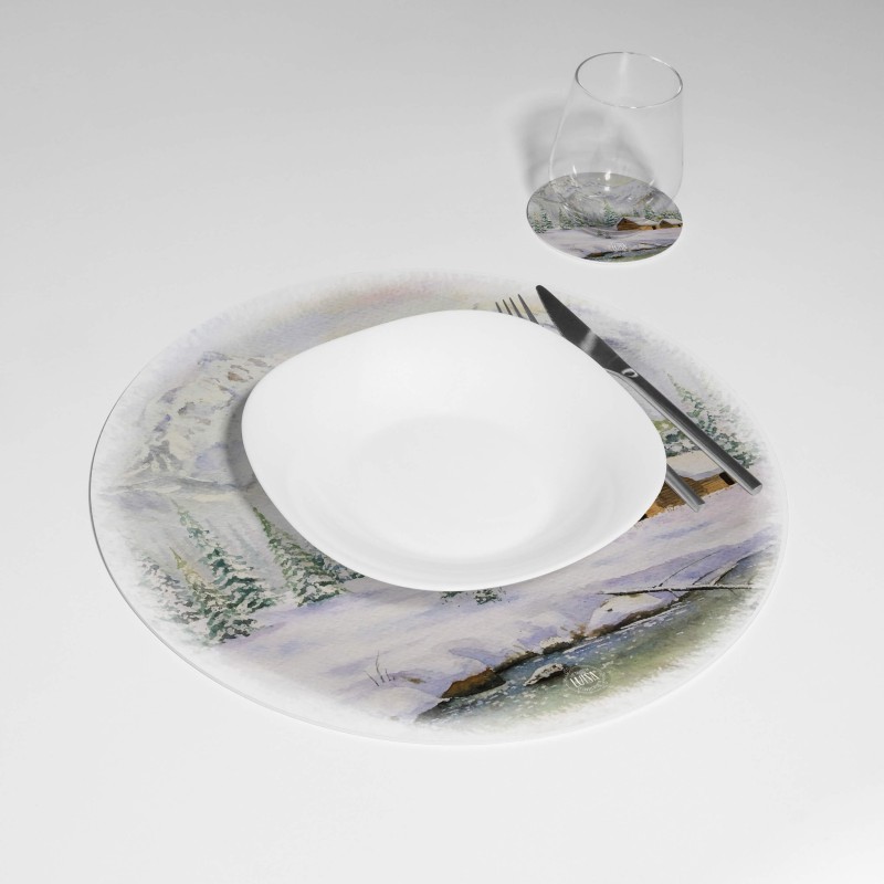 Kit 6 sottopiatti e 6 sottobicchieri “Montagne innevate”, Collezione Kit sottopiatti con sottobicchieri - Le Tavole di Luisa