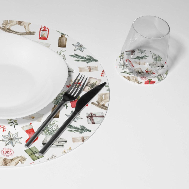 Kit 6 sottopiatti e 6 sottobicchieri “Natale Illustrato Mini”, Collezione Kit sottopiatti con sottobicchieri - Le Tavole di