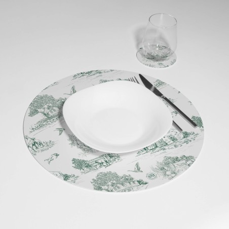 Kit 6 sottopiatti e 6 sottobicchieri “Toile di Jouy campagnolo verde”, Collezione Kit sottopiatti con sottobicchieri - Le
