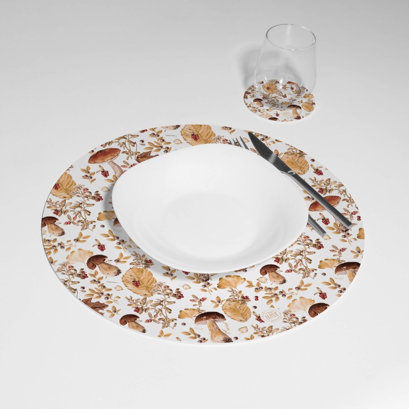 Kit 6 sottopiatti e 6 sottobicchieri "Funghi autunnali", Collezione Kit sottopiatti con sottobicchieri - Le Tavole di Luisa