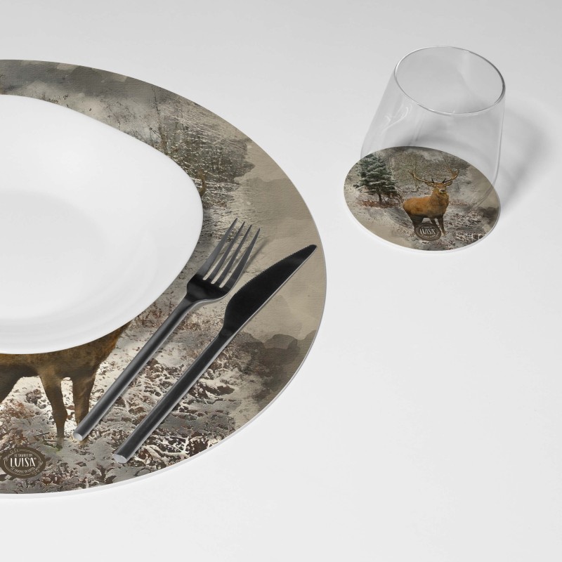 Kit 6 sottopiatti e 6 sottobicchieri “Cervo e Neve”, Collezione Kit sottopiatti con sottobicchieri - Le Tavole di Luisa