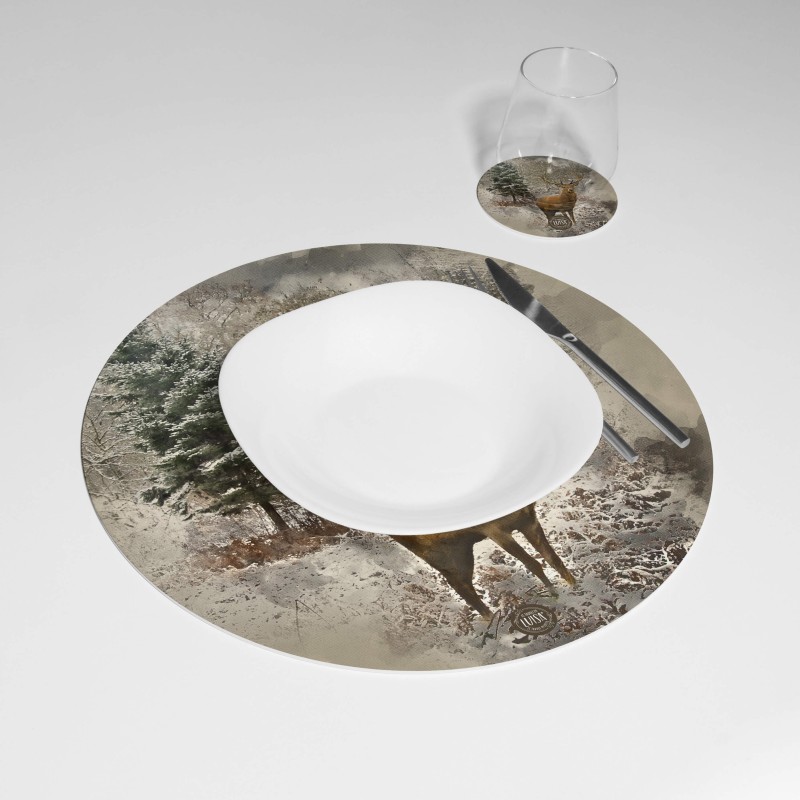 Kit 6 sottopiatti e 6 sottobicchieri “Cervo e Neve”, Collezione Kit sottopiatti con sottobicchieri - Le Tavole di Luisa