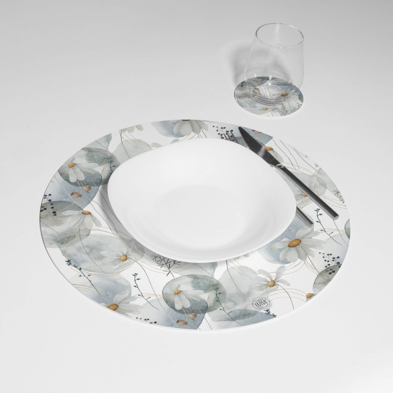 Kit 6 sottopiatti e 6 sottobicchieri “Margherite e fili dorati”, Collezione Kit sottopiatti con sottobicchieri - Le Tavole