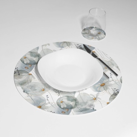 Kit 6 sottopiatti e 6 sottobicchieri “Margherite e fili dorati”, Collezione Kit sottopiatti con sottobicchieri - Le Tavole