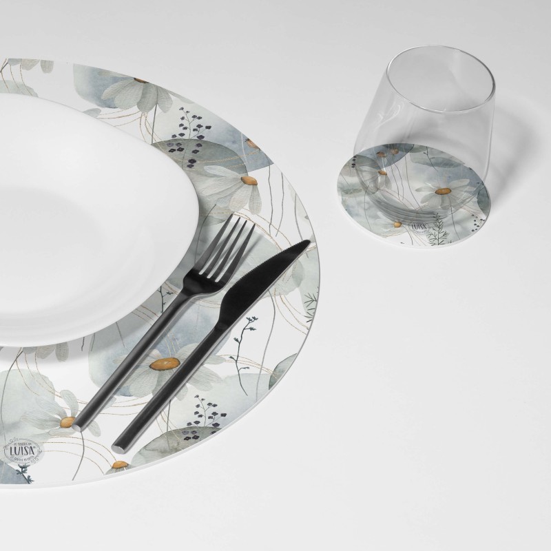 Kit 6 sottopiatti e 6 sottobicchieri “Margherite e fili dorati”, Collezione Kit sottopiatti con sottobicchieri - Le Tavole