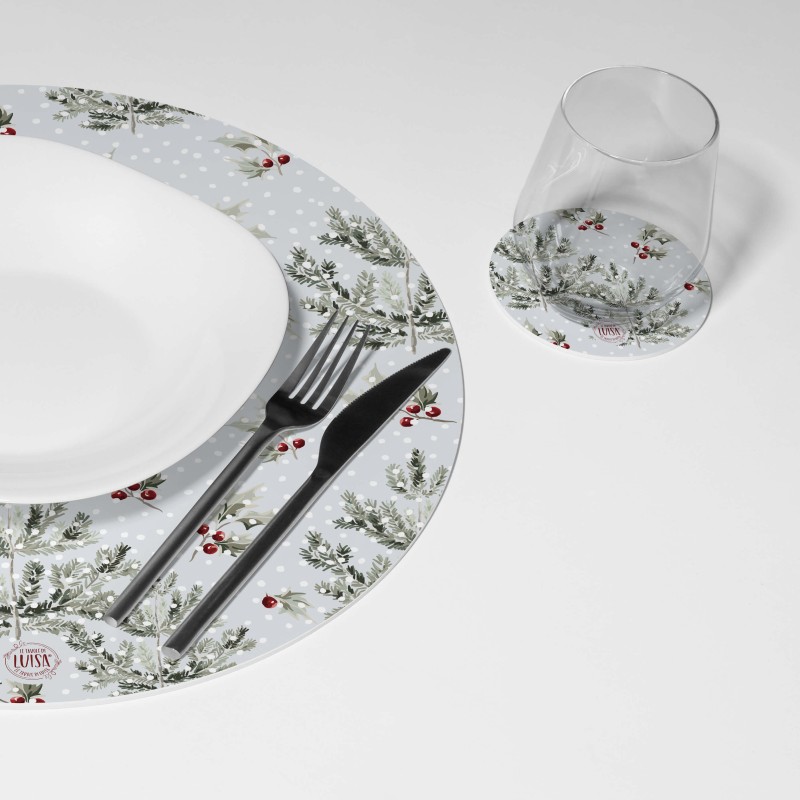 Kit 6 sottopiatti e 6 sottobicchieri "Neve tra i rami”, Collezione Kit sottopiatti con sottobicchieri - Le Tavole di Luisa